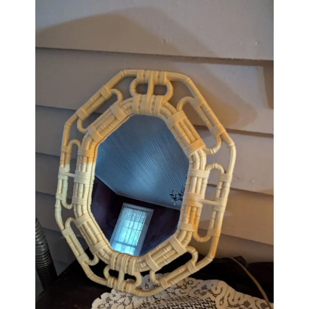 Vintage Homco Faux Bamboo Octagon Wall Mirror Cream Hollywood Regency 1983 18x14